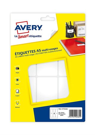 Sachet de 96 étiquettes multi-usage blanches 80 x 45 mm. Planche format a5. Avery