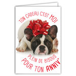 Carte Bon Anniversaire Humoristique avec Enveloppe Illustrée format 17 5x12cm Chien Drôle Amusant Rigolo Déguisé en cadeau avec un nœud en ruban sur la tête - Création Fabrication française 69-6204
