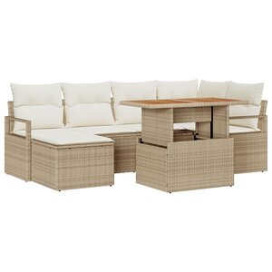 Ensemble de canapé de jardin 7 pièces avec coussins Beige Poly Rattan