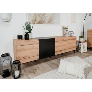 Buffet Bas - Décor chene et noir - 4 portes - NOLA - L 200 x P 42 x H 65 cm