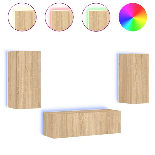 vidaXL Meuble TV muraux 3 Pièces avec lumières LED chêne sonoma