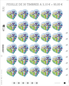 Feuille de 30 timbres coeur - Fragonard - Lettre verte - 100g