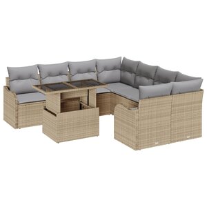 Ensemble de canapés de jardin 9 pièces avec coussins beige poly rattan