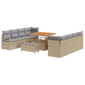 Ensemble de canapés de jardin 11 pièces avec coussins Beige Poly Rotin Acacia