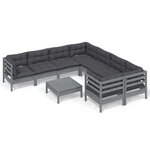 vidaXL Salon de jardin 9 Pièces avec coussins gris bois de pin