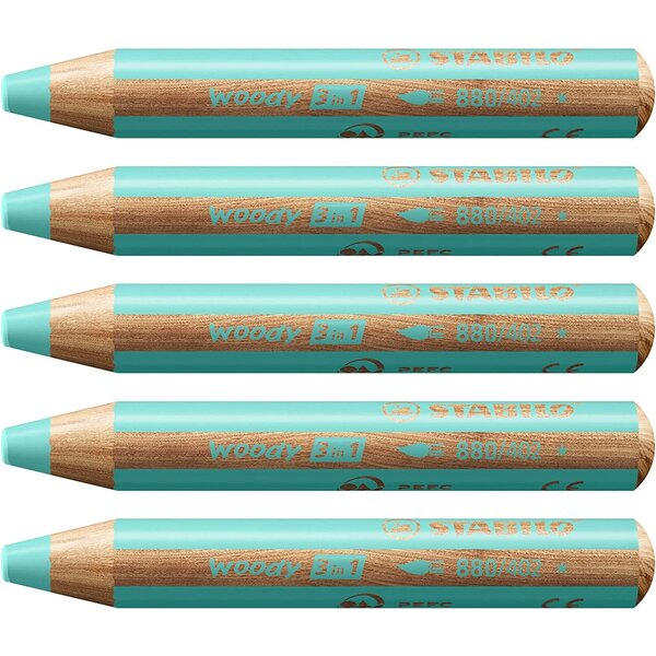 Crayon multi-talents woody 3en1  rond  bleu pastel x 5 stabilo