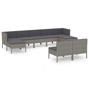 vidaXL Salon de jardin 9 Pièces avec coussins Résine tressée Gris