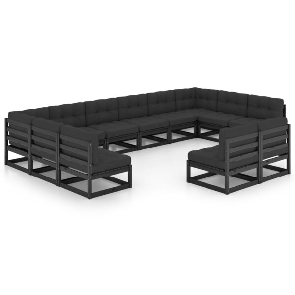 vidaXL Salon de jardin 12 Pièces avec coussins Noir Bois de pin massif