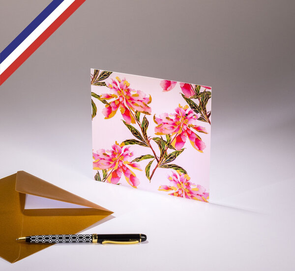 Carte simple paradisio créée et imprimée en france - fleurs roses - pivoines