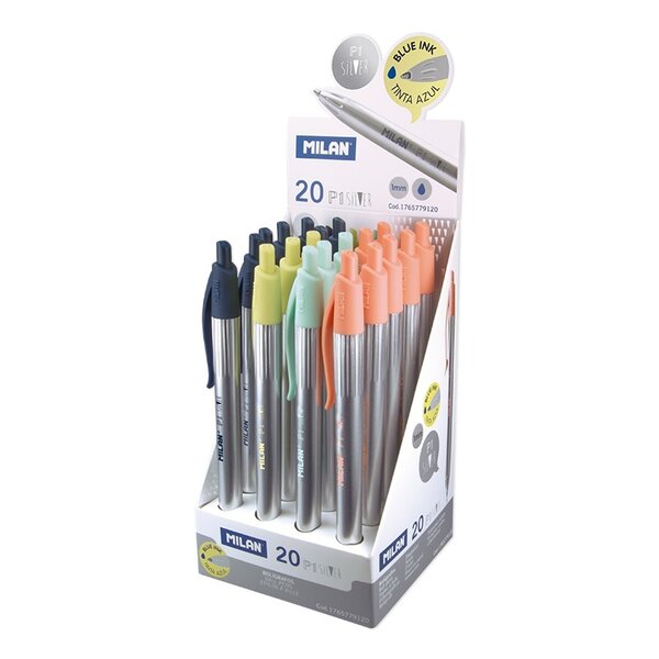 Milan P1 Silver Présentoir de 20 stylos à bille rétractables - Stylo bille 1 mm - Corps argenté avec clip de couleurs assorties - Couleur d'encre bleue