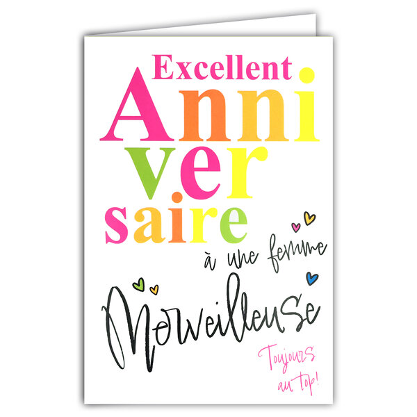 Carte FLUO Excellent Anniversaire FEMME Merveilleuse avec Enveloppe 12x17,5cm