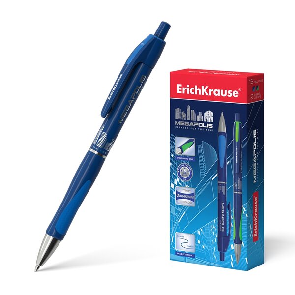 LOT de 12 Erichkrause Megapolis Concept Stylo à bille automatique - Corps rond en satin - Zone de préhension ergonomique - Pointe à 5 canaux - Encre à séchage rapide - Couleur bleue