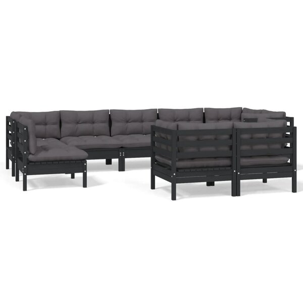 vidaXL Salon de jardin 9 Pièces avec coussins Noir Bois de pin massif