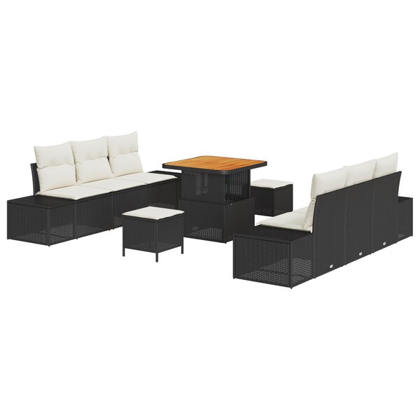 Ensemble de Canapés de Jardin 9 Pièces avec Coussins Noir Poly Rotin Acacia