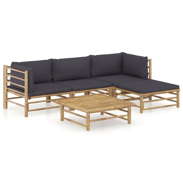 vidaXL Salon de jardin 5 Pièces avec coussins gris foncé bambou