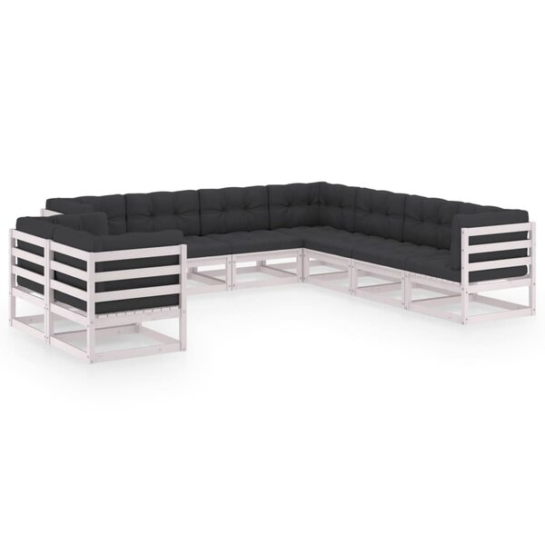vidaXL Salon de jardin 9 Pièces avec coussins Blanc Bois de pin massif