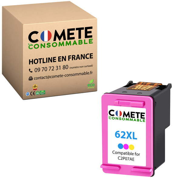 COMETE, PME Française - 62XL - 1 Cartouche d'encre Couleur Compatibles avec HP 62 XL (C2P05AE + C2P07AE) - (1 Couleur)