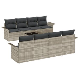 Canapé de jardin 9 pièces avec coussins gris clair en poly rotin