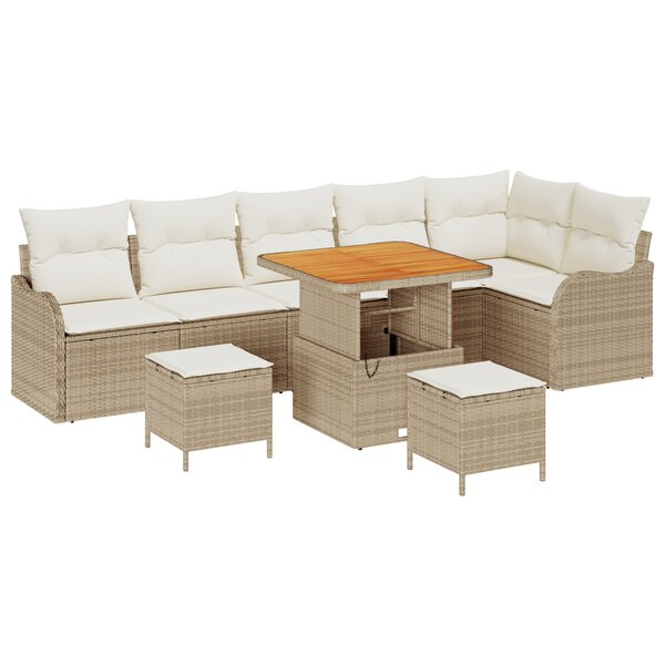 Ensemble de Canapés de Jardin de 9 Pièces avec Coussins Beige Rattan Acacia
