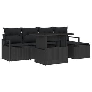 Ensemble de Canapés de Jardin 6 Pièces avec Coussins Noir Rattan Poly