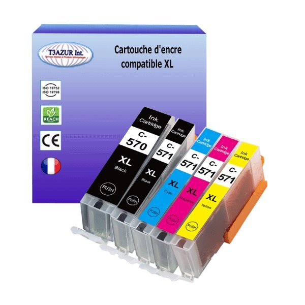 5 Cartouches compatibles avec Canon Pixma MG6852, MG6853, MG7750, MG7751, MG7752, MG7753 remplace Canon PGI-570, CLI-571 XL - T3AZUR