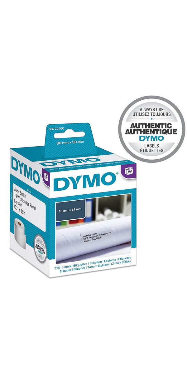 DYMO LW grandes étiquettes d'adresse autocollantes authentiques, 36 mm x  89 mm, impression en noir sur fond blanc, 2 rouleaux de 260 étiquettes  (520 étiquettes)
