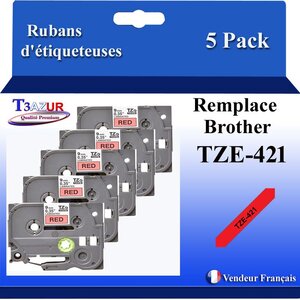5x Rubans d'étiqueteuses compatibles avec Brother Tze421 Tze-421 pour étiqueteuses P-touch - Texte noir sur fond rouge - Largeur 9 mm x 8 mètres - T3AZUR
