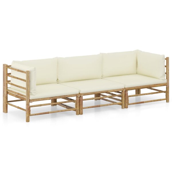 vidaXL Salon de jardin 3 Pièces avec coussins blanc crème bambou