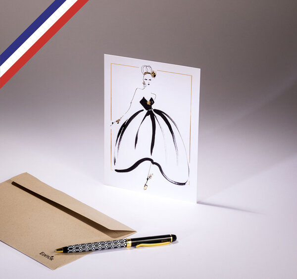 Carte simple magnifique créée et imprimée en france - femme en robe noire