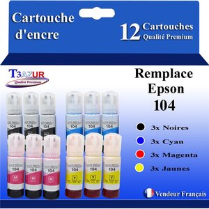 T3AZUR - 12x Bouteilles compatibles avec Epson 104 EcoTank