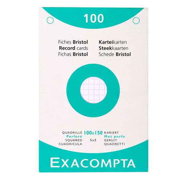 Étui de 100 fiches bristol quadrillé 5x5 perforé 100x150mm Blanc EXACOMPTA