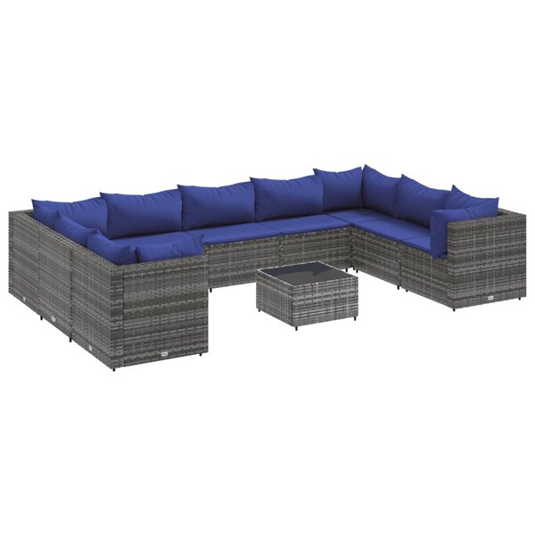 vidaXL Salon de jardin 10 Pièces avec coussins Gris Résine tressée