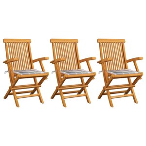 vidaXL Chaises de jardin et coussins à carreaux gris 3 Pièces Teck massif