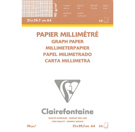 Bloc papier vélin millimétré encollé A4 50F 90g CLAIREFONTAINE