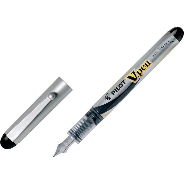 Stylo-plume, V Pen, pointe moyenne, corps en plastique noir et argenté, encre noire