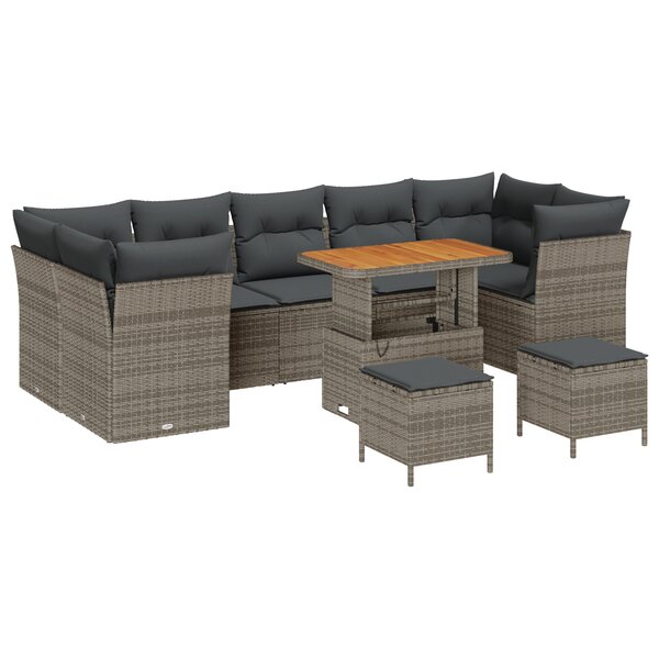 vidaXL Ensemble de canapé de jardin 10 pièces avec coussins gris en poly rotin et acacia