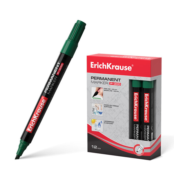 LOT de 12 Marqueur Permanent Erichkrause P-300 - Pointe biseautée - Résistant à l'eau et aux UV - Couleur Vert