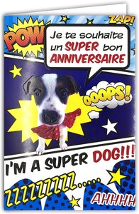Carte Bleue Bon Anniversaire Super Héros Chien Chiot avec Enveloppe 12x17 5cm