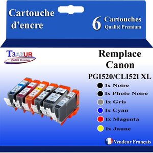 T3AZUR - 6x Cartouches compatibles avec Canon CLI521 CLI-521 XL pour Canon Pixma MP980 MP990