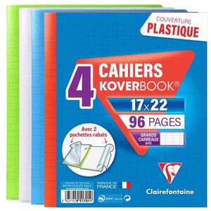 CLAIREFONTAINE - Lot de 4 cahiers piqûres avec rabats KOVERBOOK - 17 x 22 - 96 pages Seyes - 4 couleurs assorties
