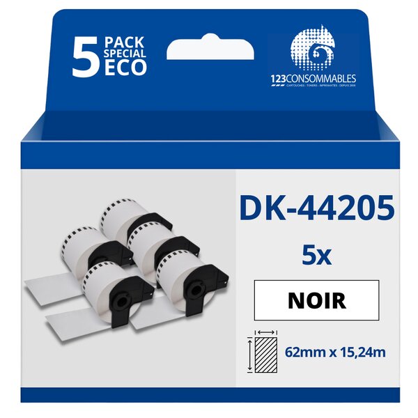 Pack de 5 Rouleaux Étiquettes amovibles compatible BROTHER DK-44205 - Largeur 62 mm x 15 24 m