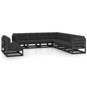 vidaXL Salon de jardin 9 Pièces avec coussins noir bois de pin massif