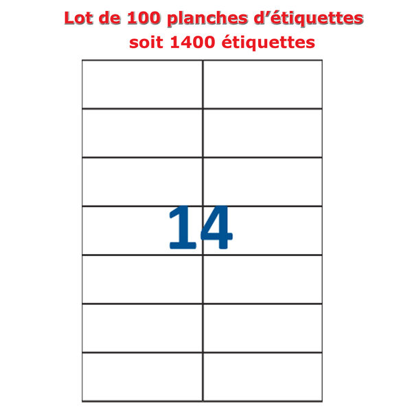 Lot de 100 Planches étiquettes autocollantes blanches sur feuille A4 : 105 x 42 3 mm (14 étiquettes)