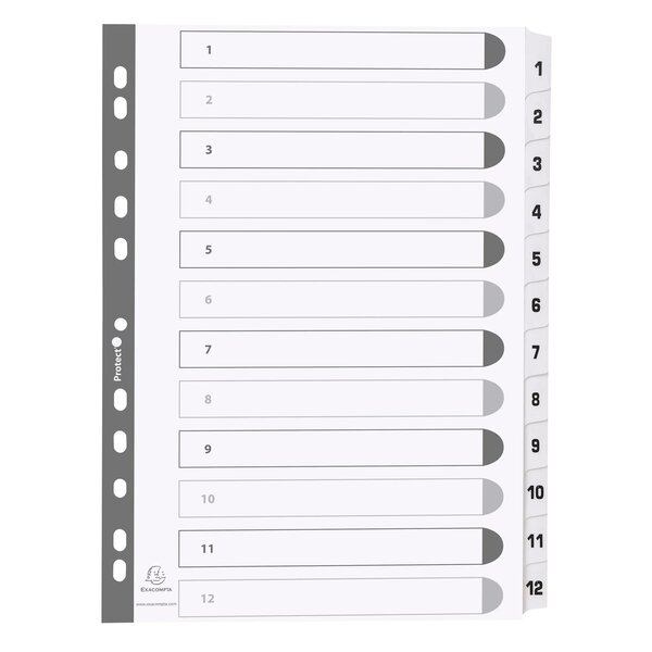 Intercalaires Imprimés À Touches Plastifiées - 12 Touches 1 À 12 - A4 - Blanc - X 25 - Exacompta