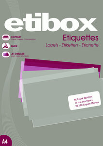 Boite de 100 feuilles a4 5600 etiquettes cop/las/jet coins droits 52 5 x 21 2 mm blanc etibox