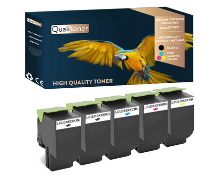 Qualitoner x5 toners 80c2hk0 (x2) + 80c2hc0 + 80c2hm0 + (noir x2 + cyan + magenta + jaune) compatible pour lexmark