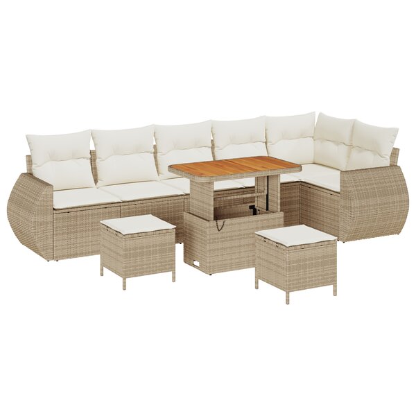 Ensemble de Canapés de Jardin 9 Pièces avec Coussins Beige Poly Rattan Acacia