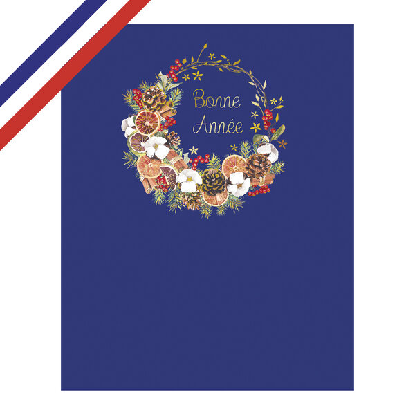 Carte double bonne année couronne pommes de pin