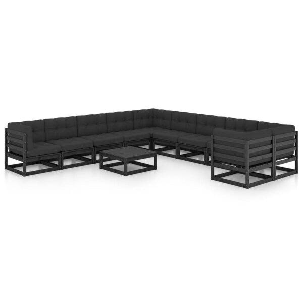 vidaXL Salon de jardin 11 Pièces avec coussins Noir Bois de pin massif