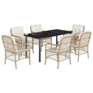 vidaXL Ensemble à manger de jardin et coussins 7 Pièces beige poly rotin